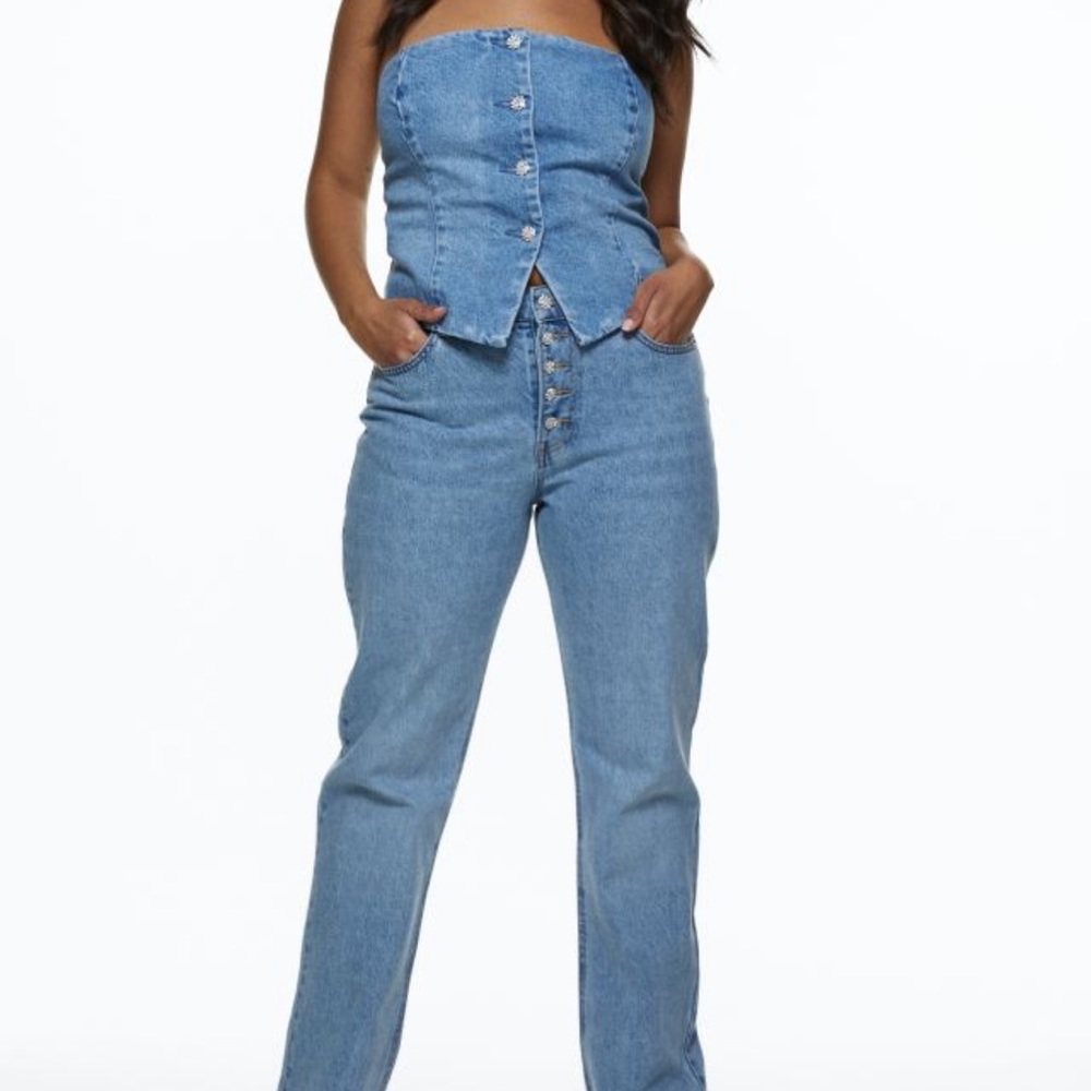 Rhinestone-button Denim Corset-style Top + Straight Leg Jeans